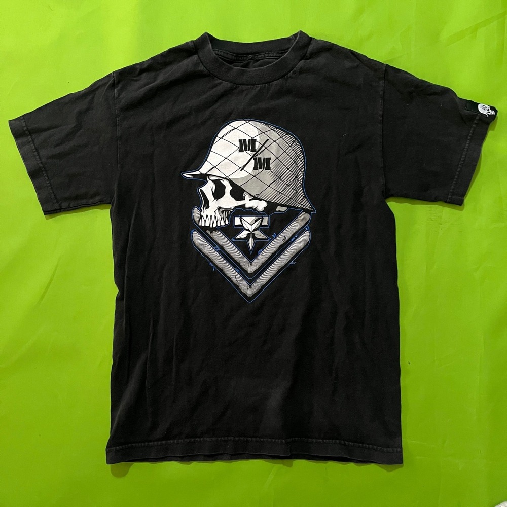 Y2K Metal Mulisha Skull Combat Helmet T-Shirt Black Mens Small Motocross Tee